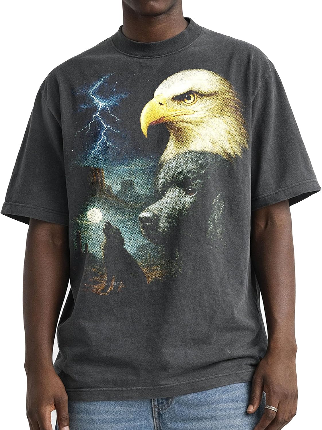 Shaka Wear Dog & Bald Eagle Thunder Tshirt - Faded Max-Heavyweight 7.5oz Oversized & Boxy - Black Poodle