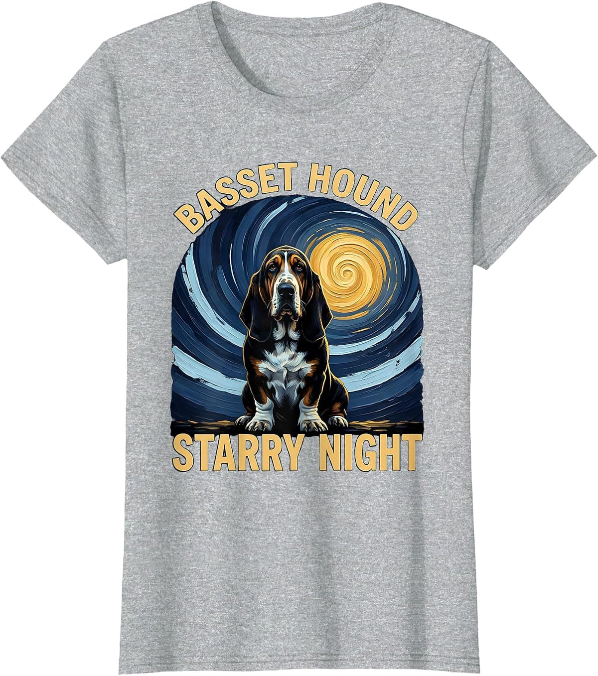 Women's Basset Hound Starry Night Whimsical Pet Lover Van Gogh T-Shirt - Heather Grey