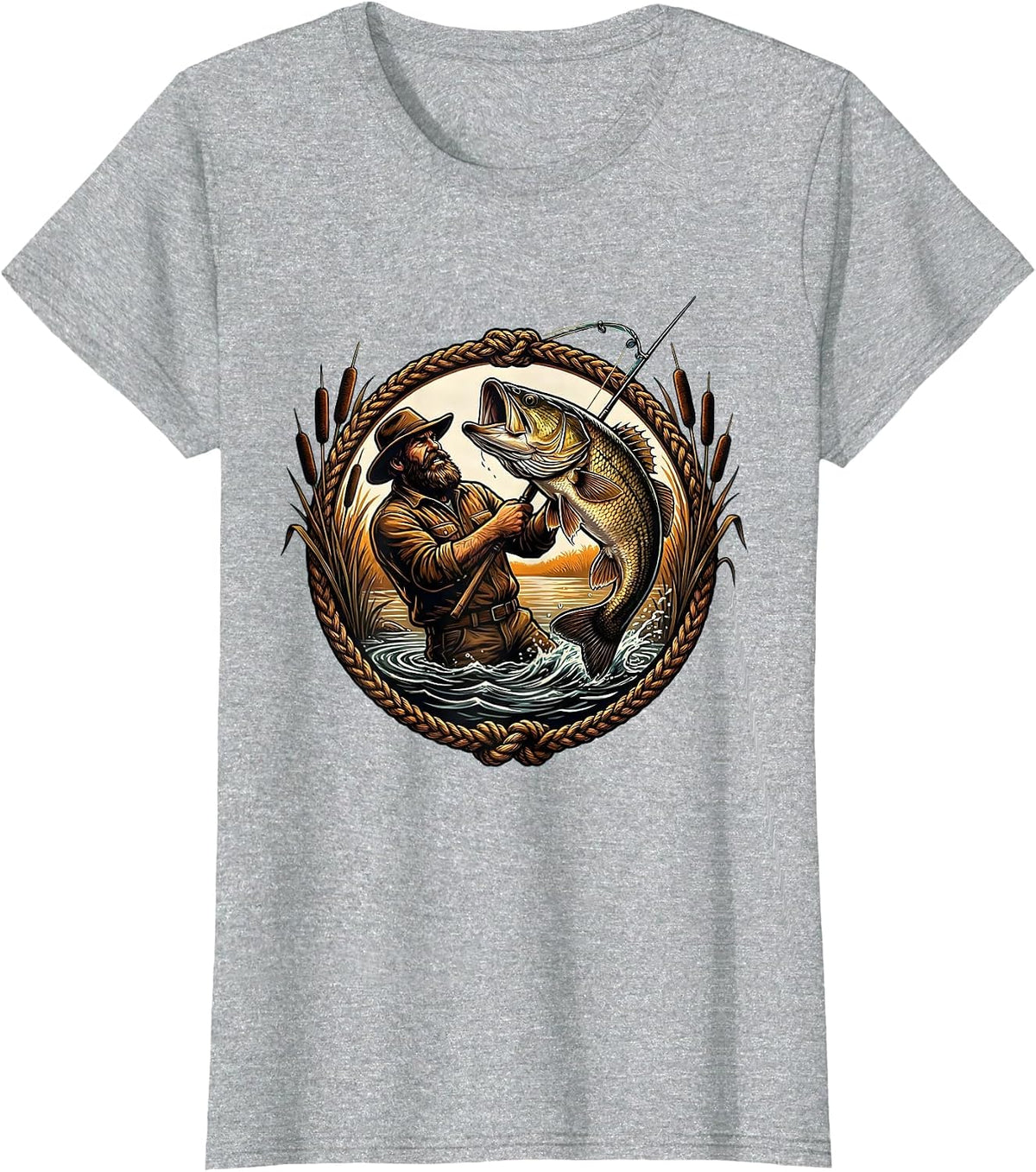Bearded Fisherman Reeling In Giant Bass T-Shirt - Heather Grey