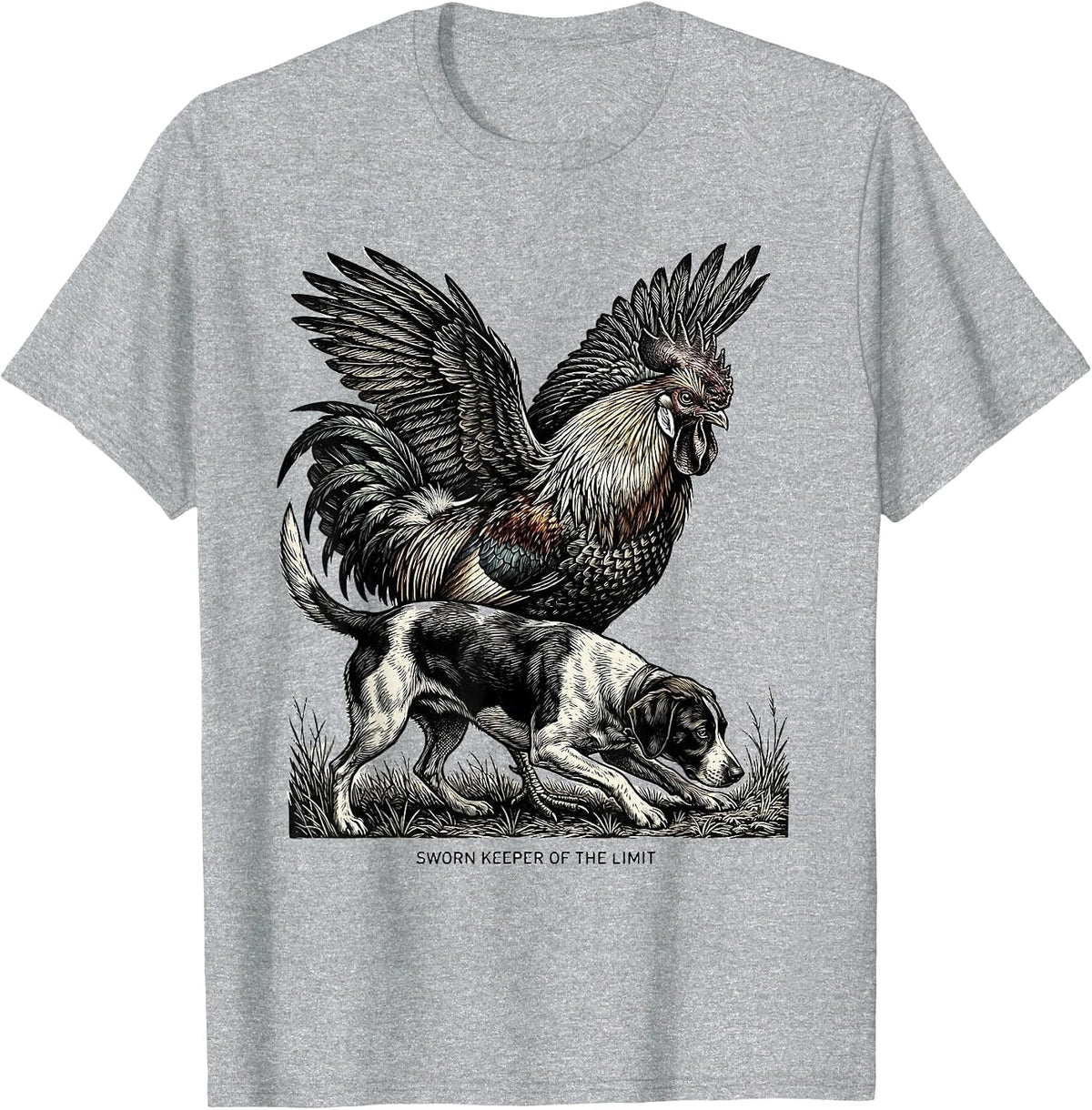 Men's Sworn Keeper Of The Limit Woodcut Engraving Pheasant Hunter T-Shirt - Heather Grey