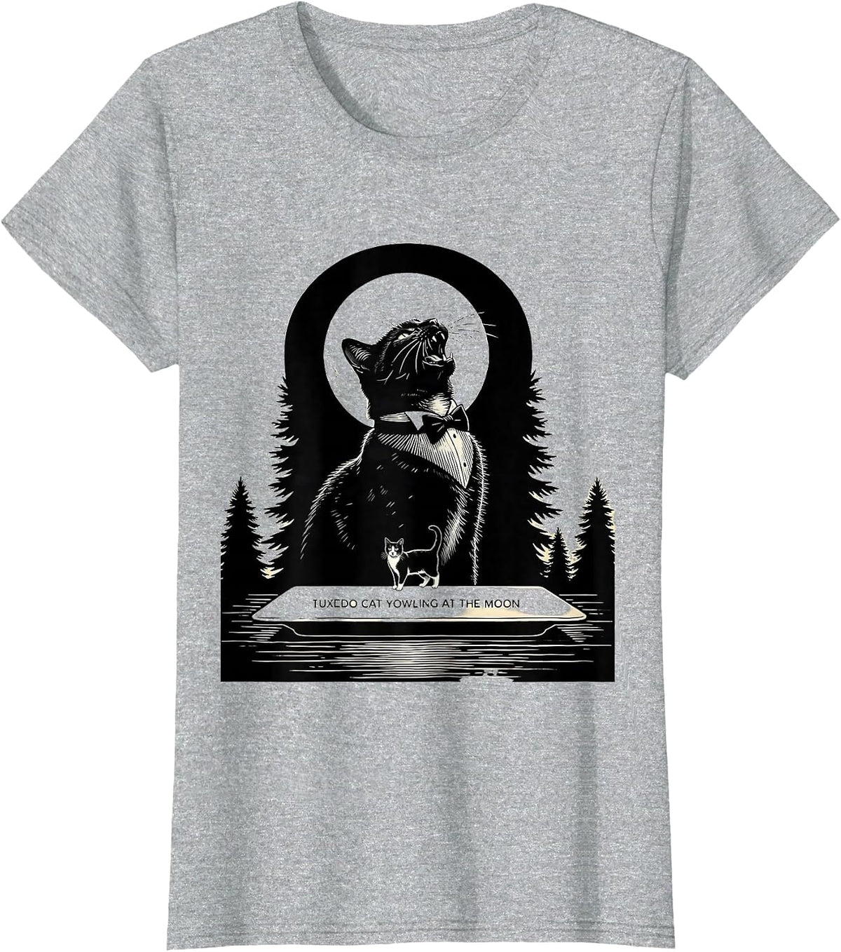 Women's Tuxedo Cat Yowling at the Moon 90's Retro Nature Art T-Shirt - Heather Grey
