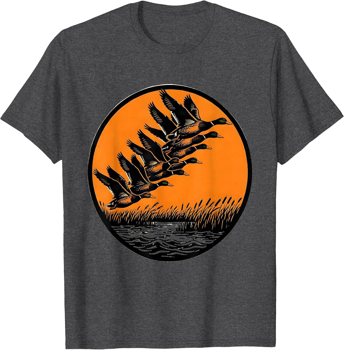 Camo Duck Hunting Marsh Flock Descending T-Shirt - Dark Heather Grey