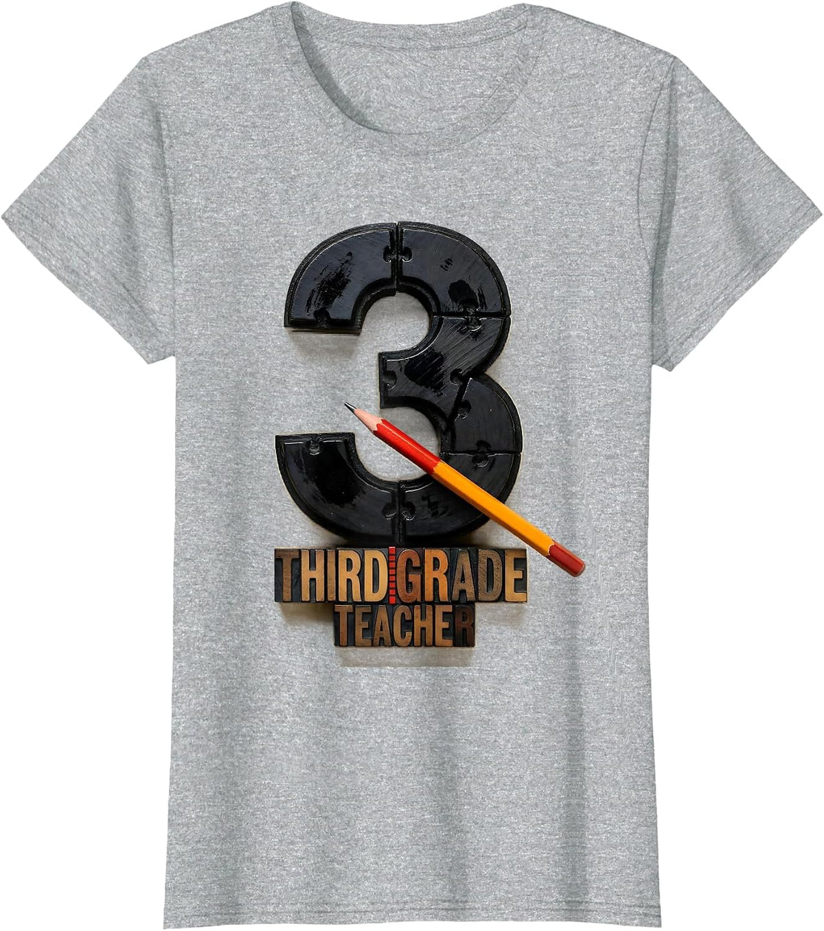 Women's Third Grade Teacher Wood Type Letterpress Back To School T-Shirt - Heather Grey