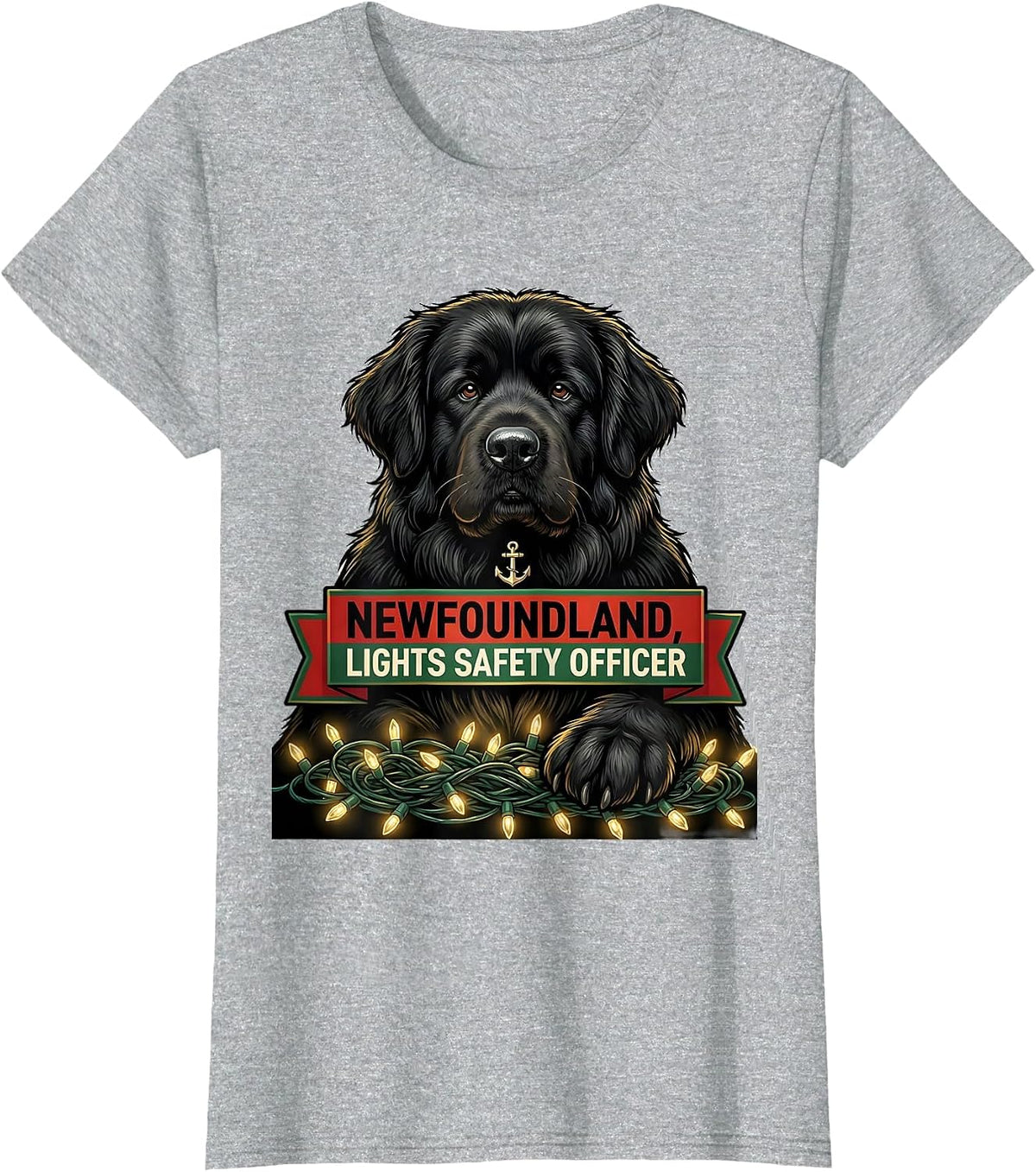 Newfoundland Lights Safety Officer Funny Christmas Dog Breed T-Shirt - Heather Grey