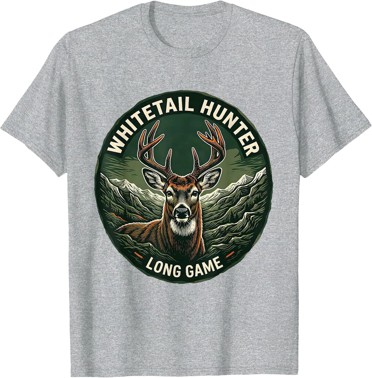 Men's Whitetail Hunter Long Game Linocut Camo Dad Hunting T-Shirt - Heather Grey