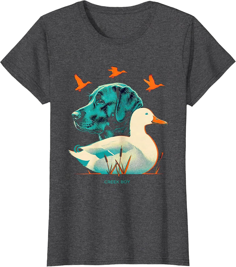 Women's Creek Boy Risograph Southern Labrador Duck Hunting Local T-Shirt - Dark Heather Grey