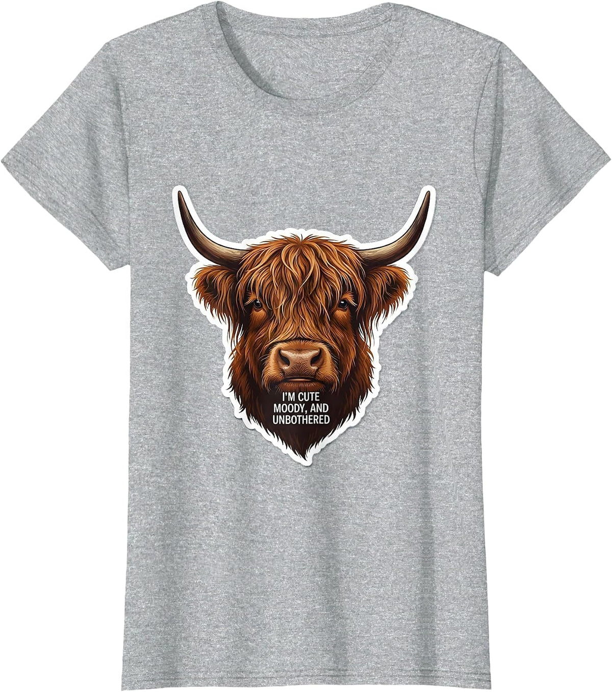 Women's I’m Cute Moody And Unbothered Highland Cow Character T-Shirt - Heather Grey