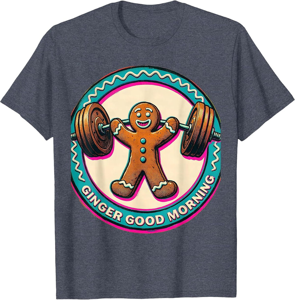 Ginger Good Morning Risograph Funny Gingerbread Man Gym T-Shirt - Heather Blue