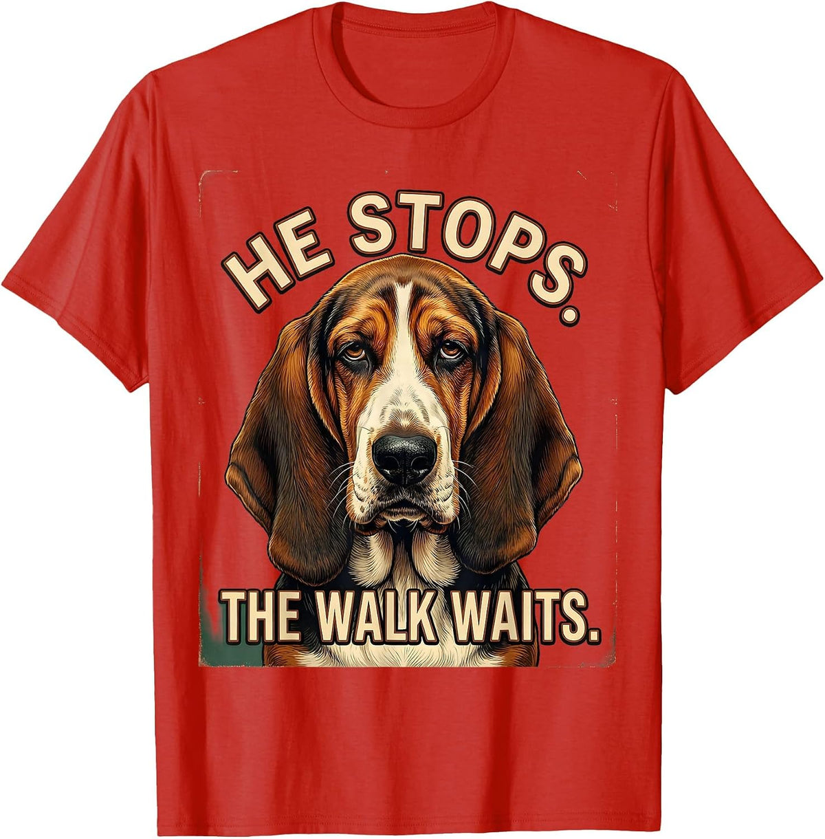 Men's He Stops The Walk Waits Vintage Funny Basset Hound Owner T-Shirt - Red