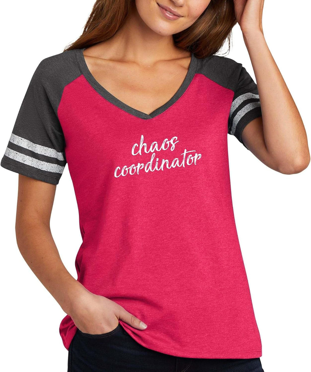Chaos Coordinator Funny Sarcastic Quote Top Ladies Game Day V-Neck Tee - Ladies V-Neck Heathered Watermelon\/Heathered