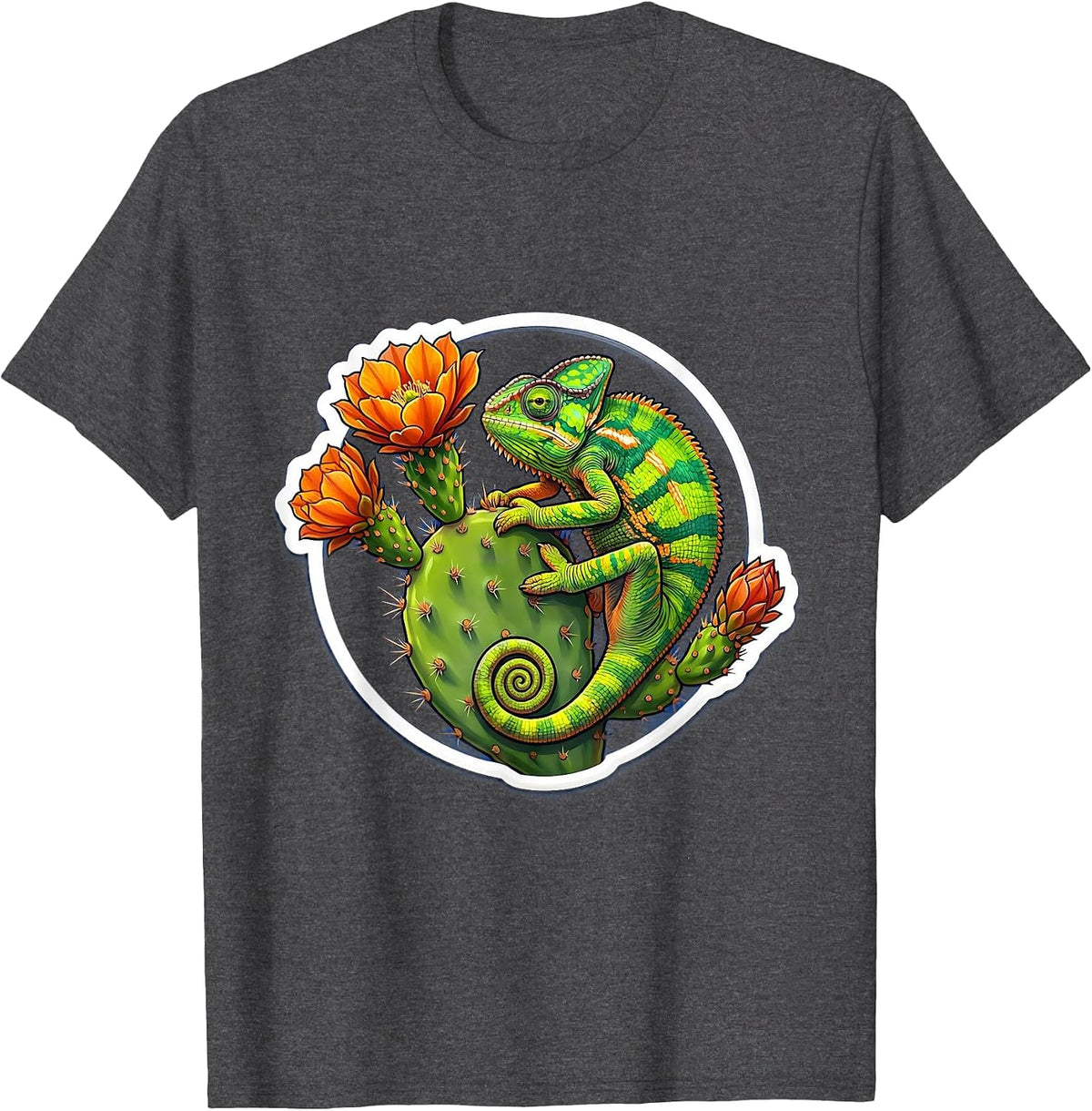 Men's Mexican Chameleon Blooming Cactus Illustration T-Shirt - Dark Heather Grey