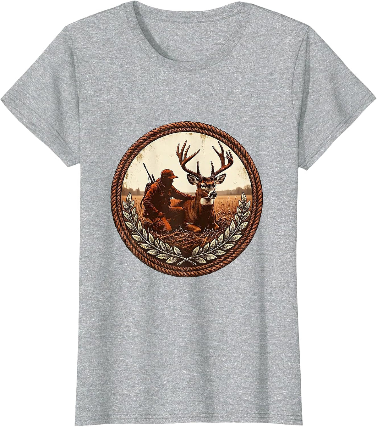 Hunter Kneeling With Harvested Whitetail Buck T-Shirt - Heather Grey