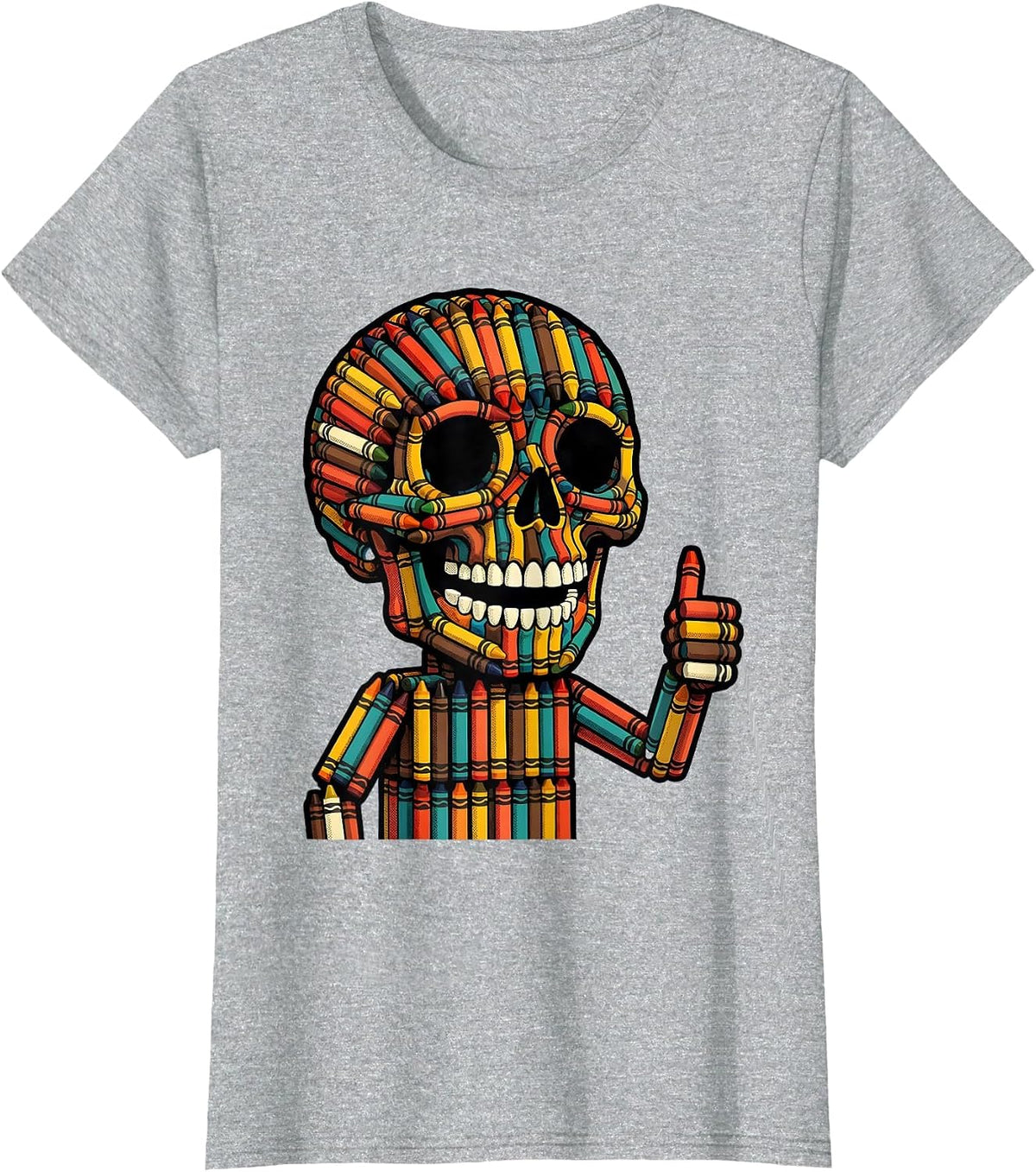 Crayon Skull Colorful Art Illustration T-Shirt - Heather Grey