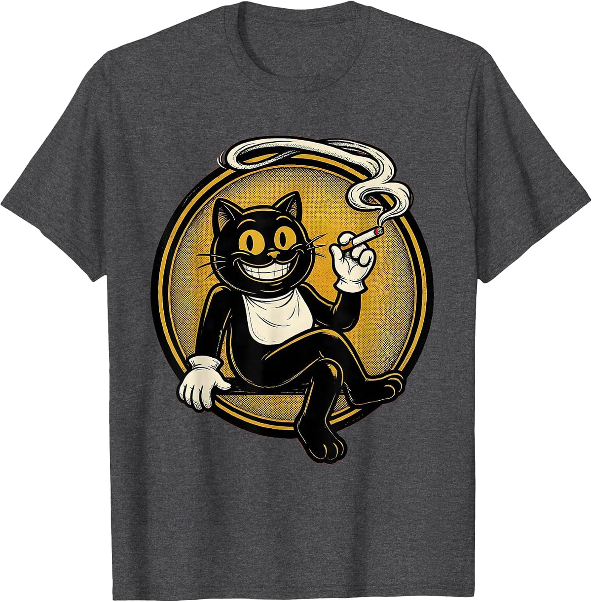 Tuxedo Cat Smoking Cigarette Smoke Ring Art T-Shirt - Dark Heather Grey