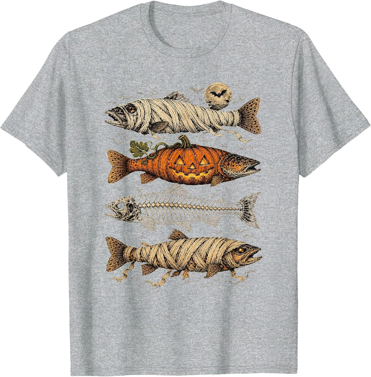 Halloween Fish Shirt Funny Trout Ghost Pumpkin Skeleton Mummy Fishing Tee T-Shirt - Heather Grey