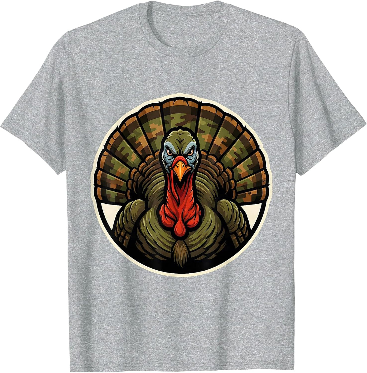 Men's Turkey Feathers Woodland Camo Hunting Design T-Shirt - Heather Grey