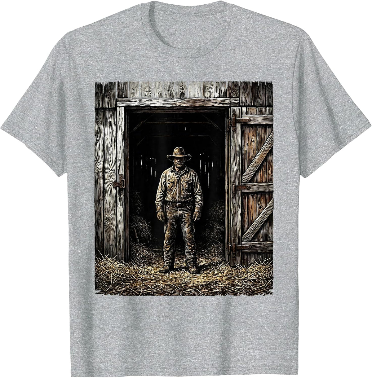 Men's Old Barn Doorway Country Life Illustration T-Shirt - Heather Grey