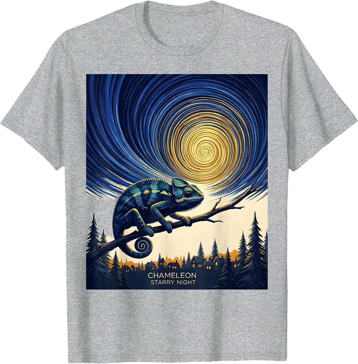 Men's Chameleon Starry Night Van Gogh Animal Lover Art Humor T-Shirt - Heather Grey