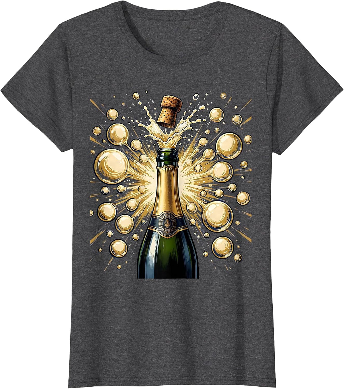 Women's Champagne Explosion Burst of Bubbles Graphic Tee T-Shirt - Dark Heather Grey