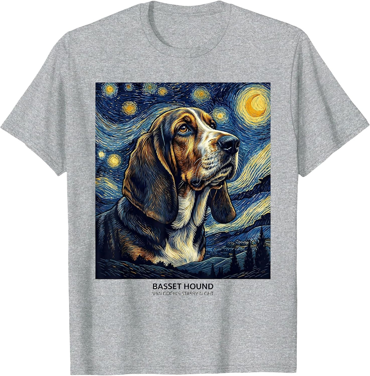 Men's Basset Hound Van Gogh's Starry Night Art Portrait Dog Lover T-Shirt - Heather Grey