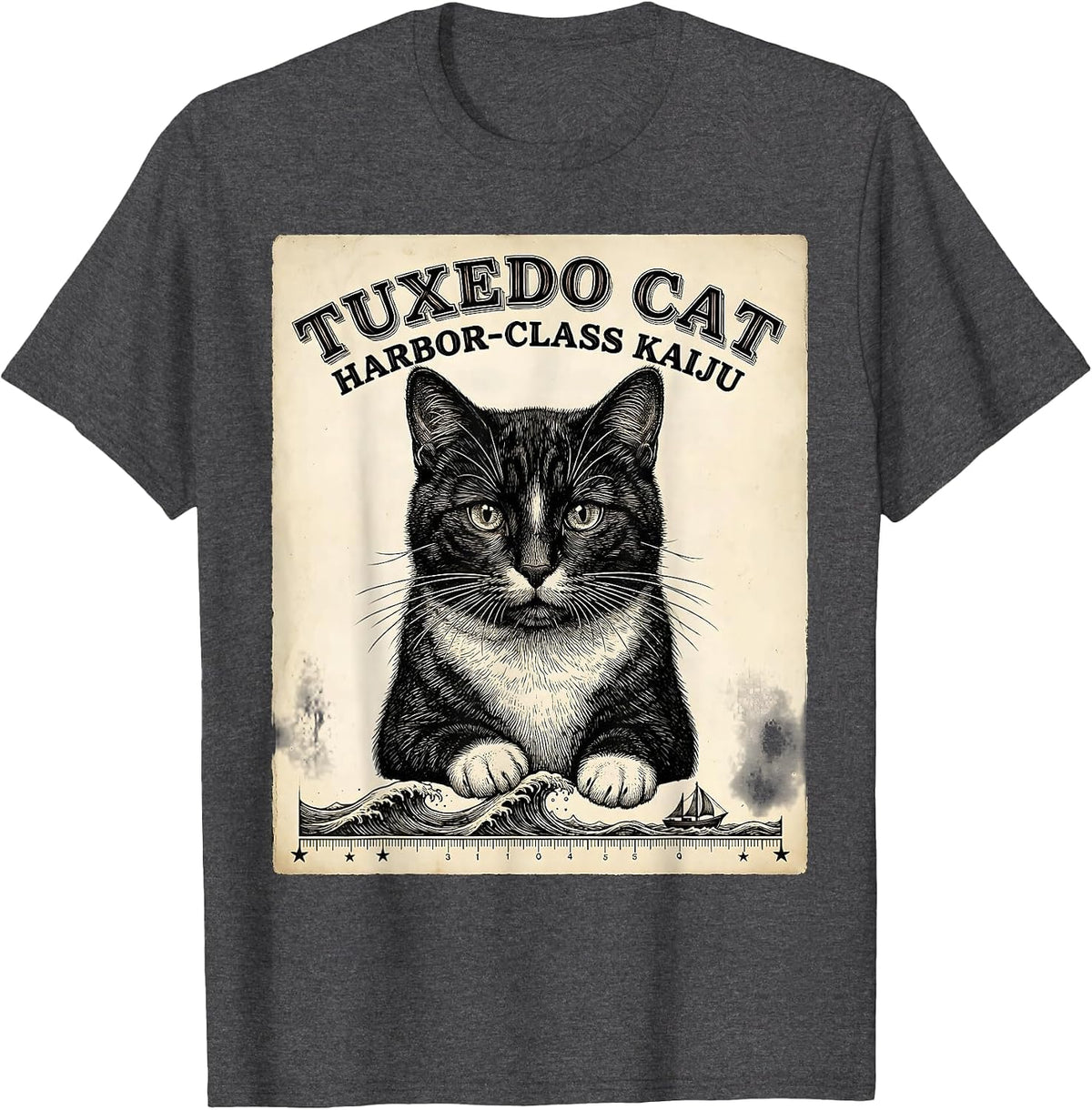 Tuxedo Cat Harbor-Class Kaiju Funny Japanese Monster Parody T-Shirt - Dark Heather Grey