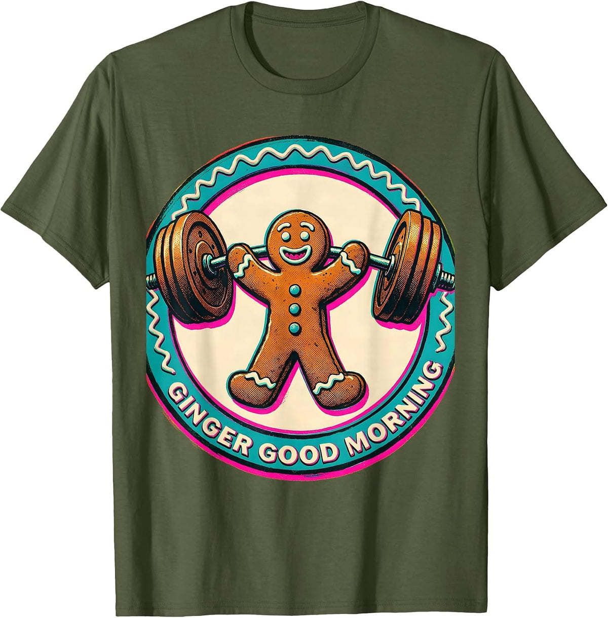 Ginger Good Morning Risograph Funny Gingerbread Man Gym T-Shirt - Olive Green