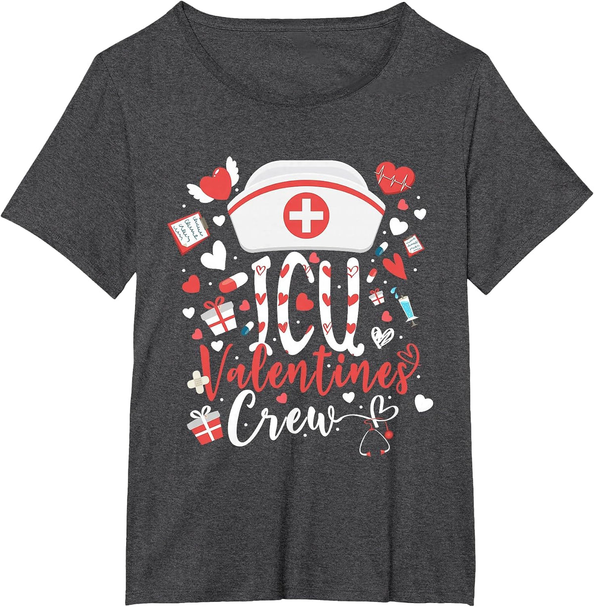 ICU Valentines Nurse Crew Tee Cute Intensive Care Unit Nurse T-Shirt - Dark Heather Grey