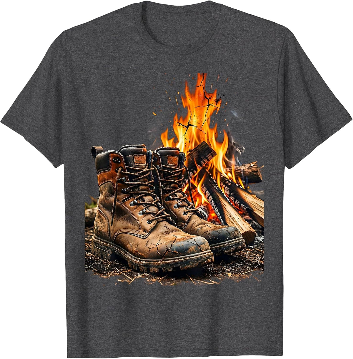 Hunting Boots By The Campfire Outdoors Graphic T-Shirt - Dark Heather Grey