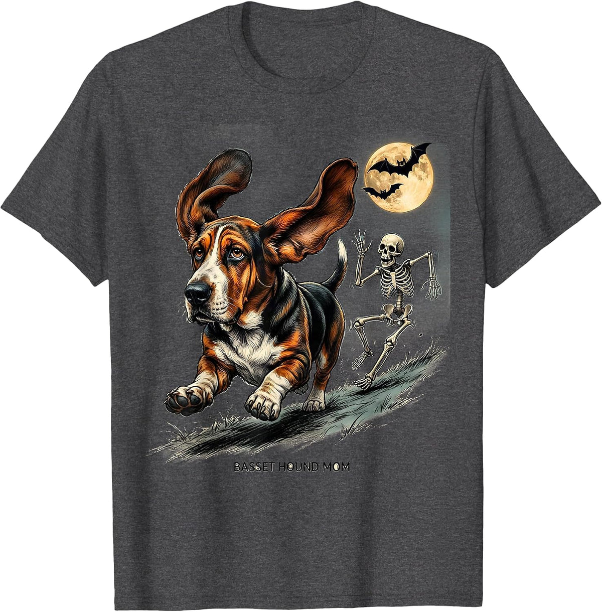 Men's Basset Hound Mom Funny Skeleton Chasing Halloween Dog Mom T-Shirt - Dark Heather Grey