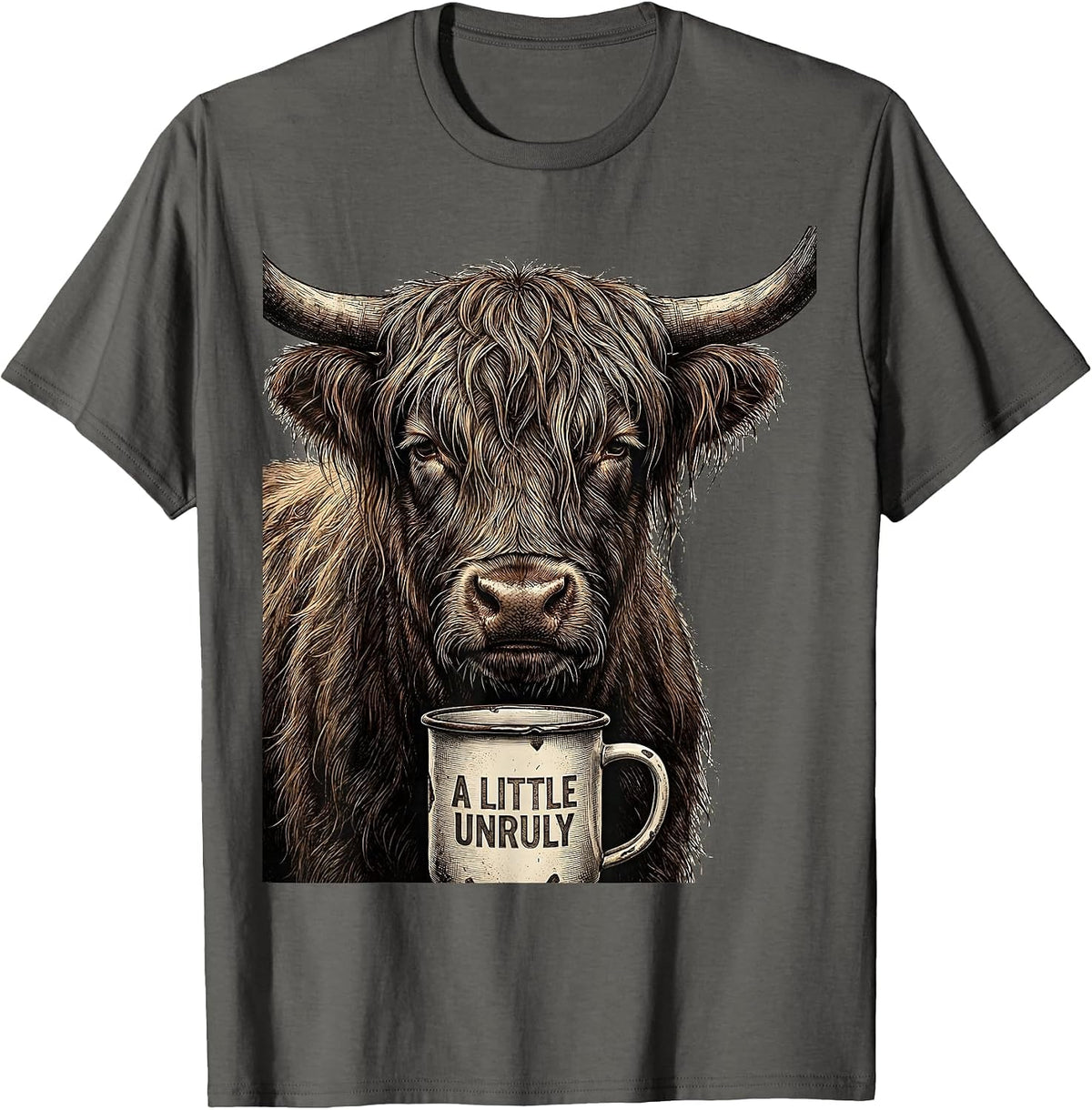 Men's A Little Unruly Funny Highland Cow Coffee Lover Novelty T-Shirt - Asphalt Grey