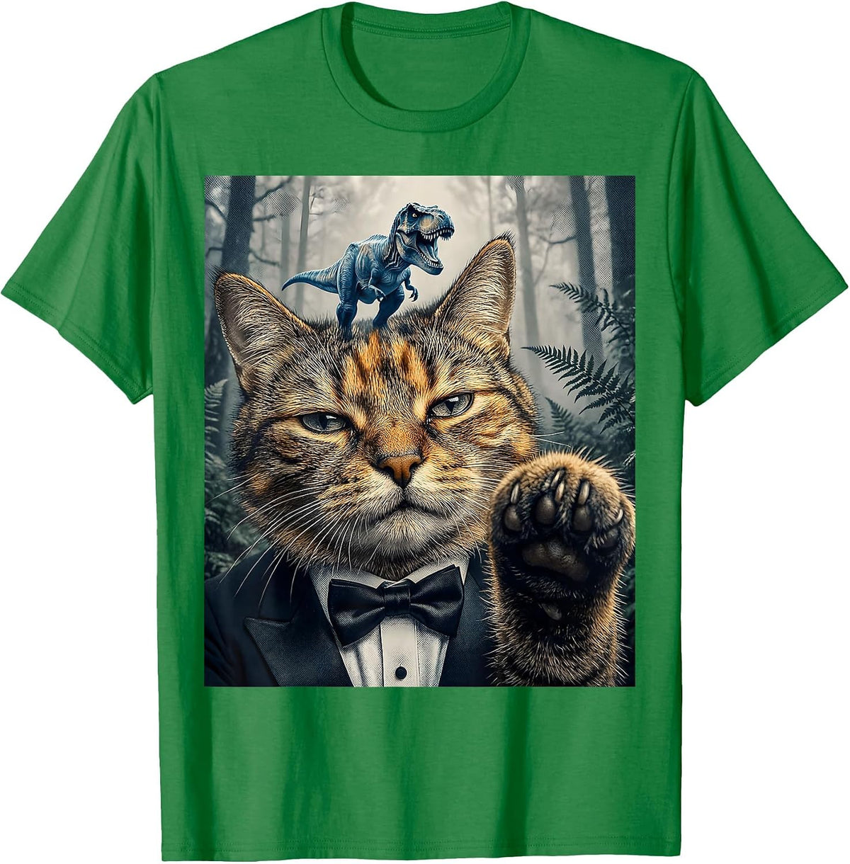 Men's Oversized Deadpan Tuxedo Cat T-Rex Selfie Funny Meme T-Shirt - Kelly Green