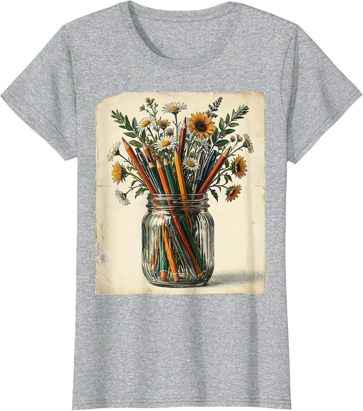 Women's Elementary Teacher Mason Jar Pens Flowers Graphic T-Shirt - Heather Grey