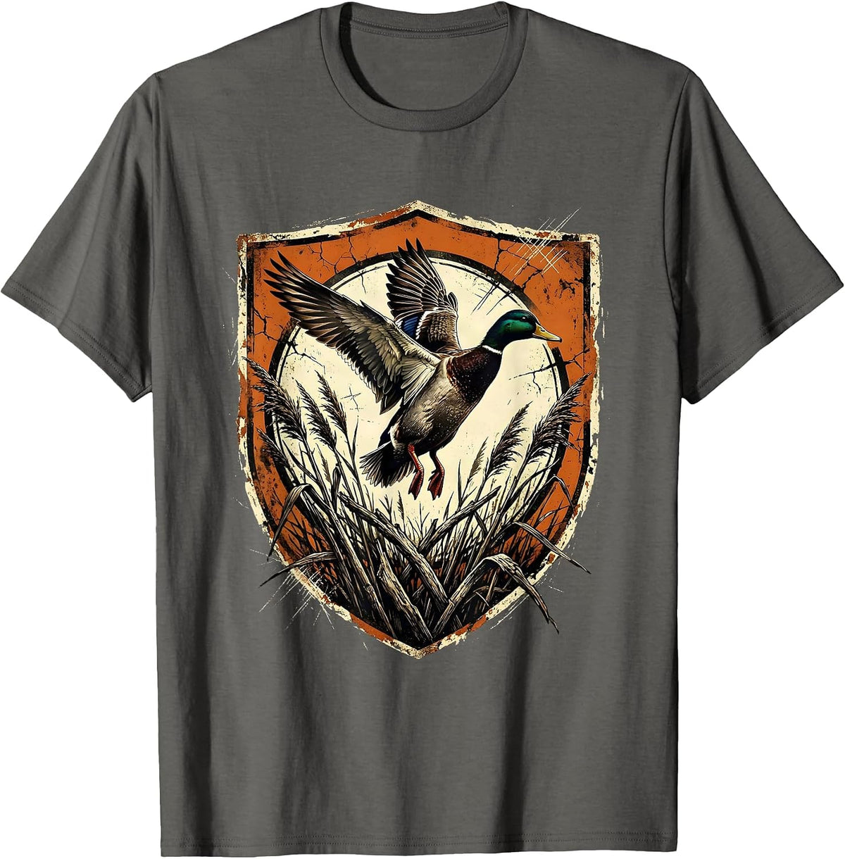 Duck in Flight Over Marsh Reeds Hunting Design T-Shirt - Asphalt Grey