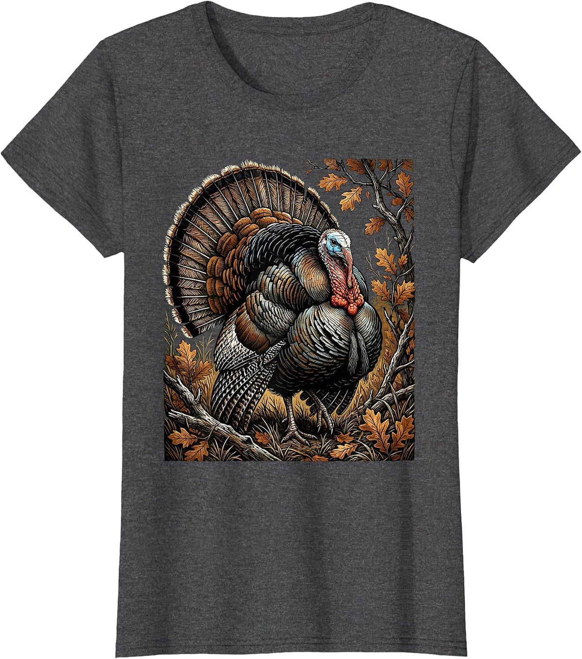 Women's Turkey Strutting Autumn Camo Illustration T-Shirt - Dark Heather Grey
