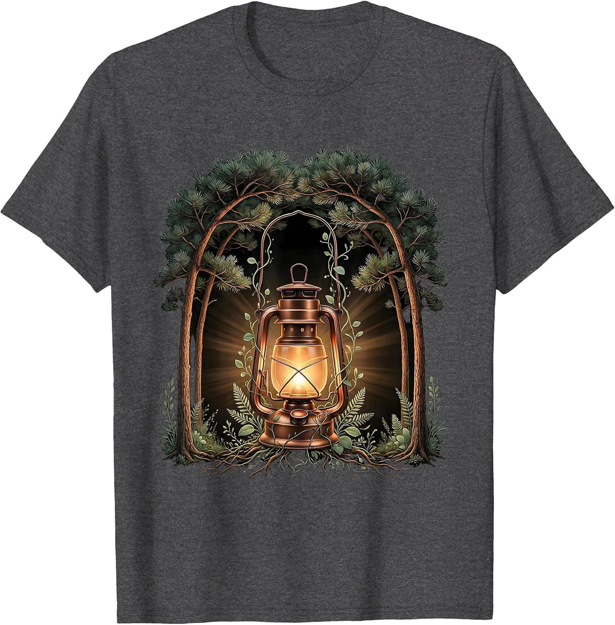 Social Worker Lantern Dark Forest Path Illustration T-Shirt - Dark Heather Grey