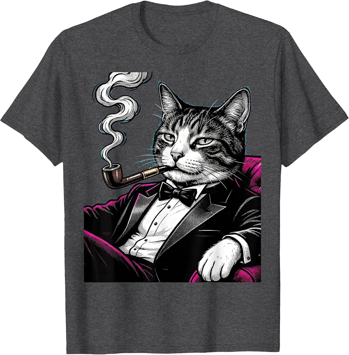 Men's Tuxedo Cat Lounging With Cigarette Holder T-Shirt - Dark Heather Grey