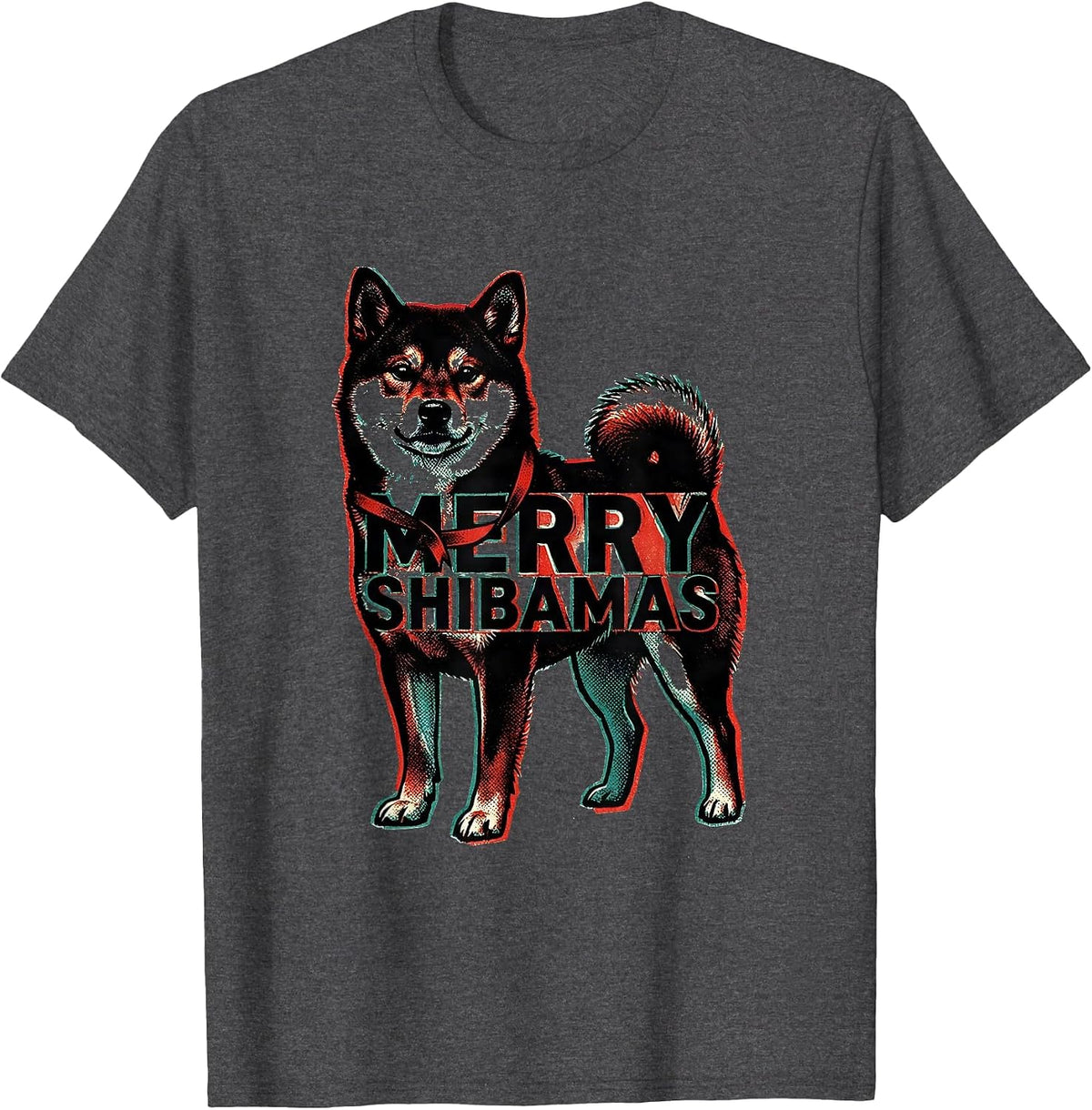 Men's Merry Shibamas Risograph Funny Shiba Inu Christmas Dog Lover T-Shirt - Dark Heather Grey