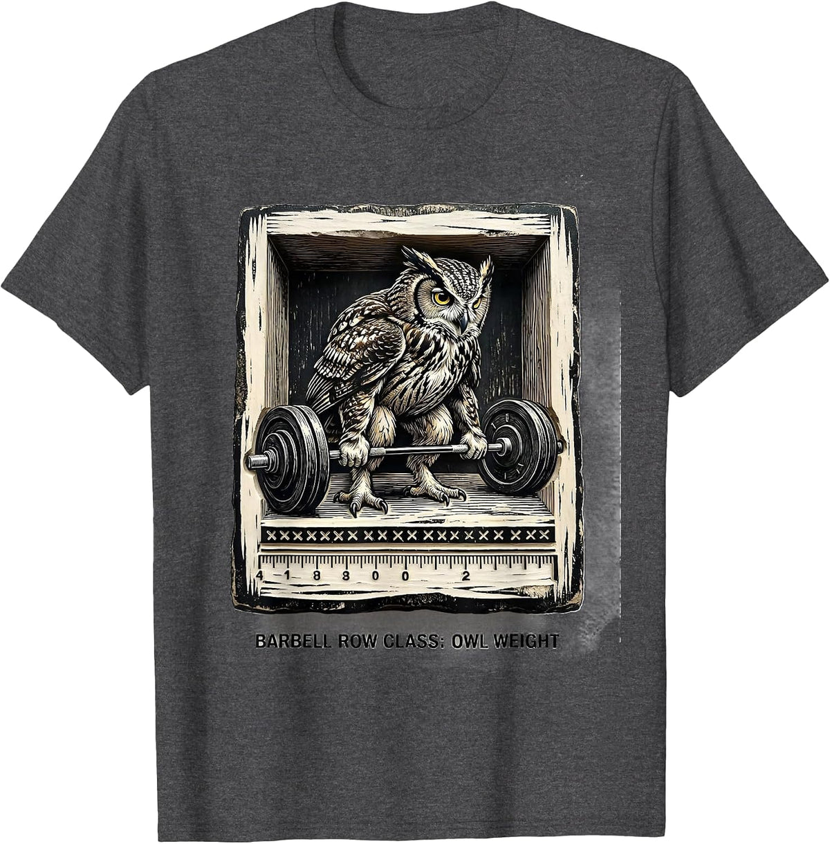 Men's Barbell Row Class: Owl Weight Funny Gym Animal Pun Workout T-Shirt - Dark Heather Grey