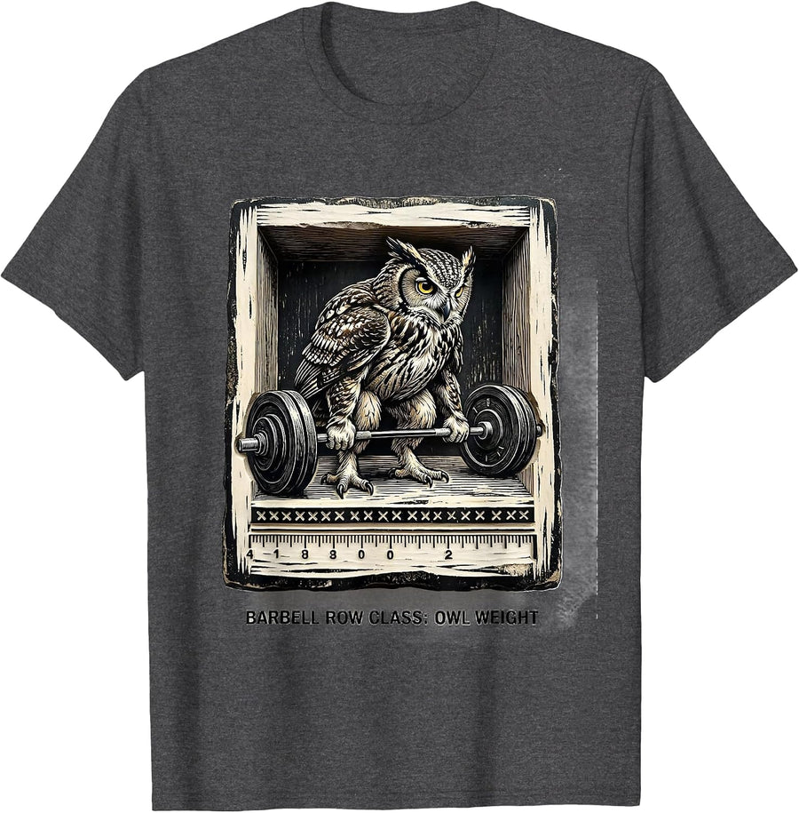 Men's Barbell Row Class: Owl Weight Funny Gym Animal Pun Workout T-Shirt - Dark Heather Grey