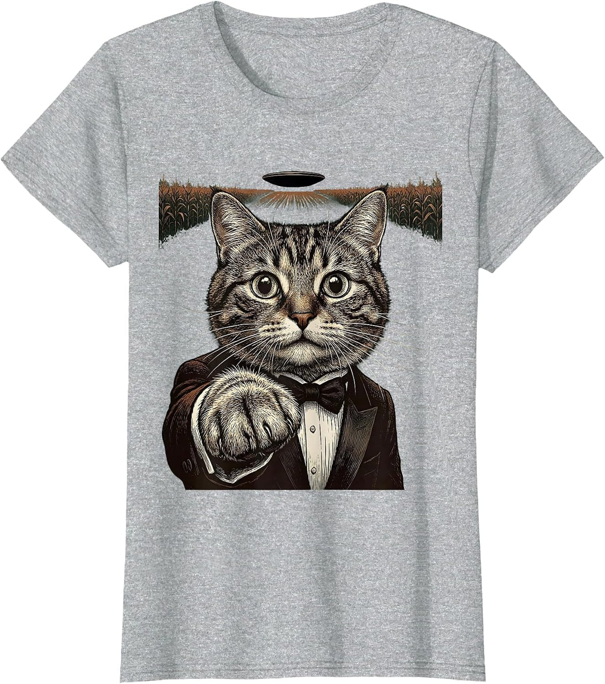 Cropped Tuxedo Cat UFO Vintage Funny Cat Lover T-Shirt - Heather Grey