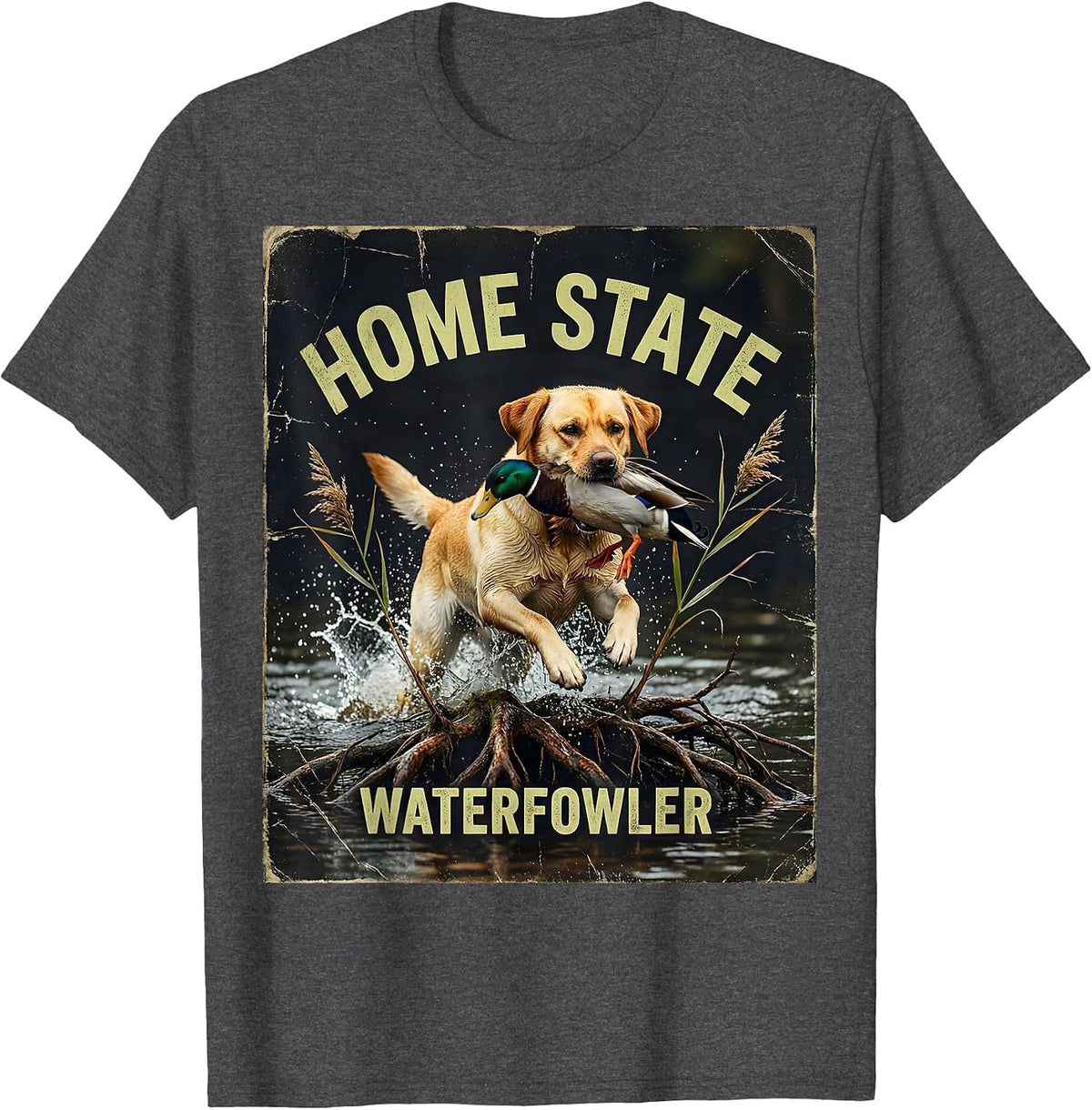 Men's Home State Waterfowler Distressed Labrador Duck Hunting T-Shirt - Dark Heather Grey
