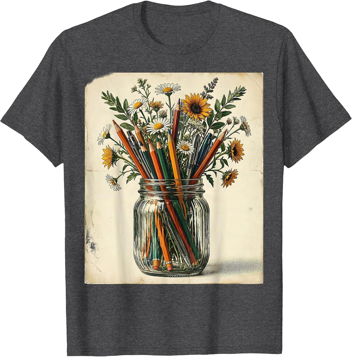 Men's Elementary Teacher Mason Jar Pens Flowers Graphic T-Shirt - Dark Heather Grey