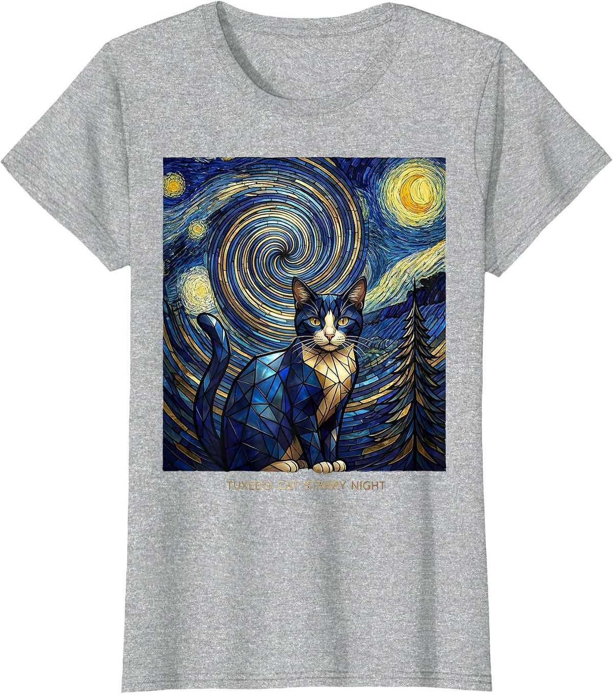 Women's Tuxedo Cat Starry Night Whimsical Van Gogh Cat Lover Art T-Shirt - Heather Grey