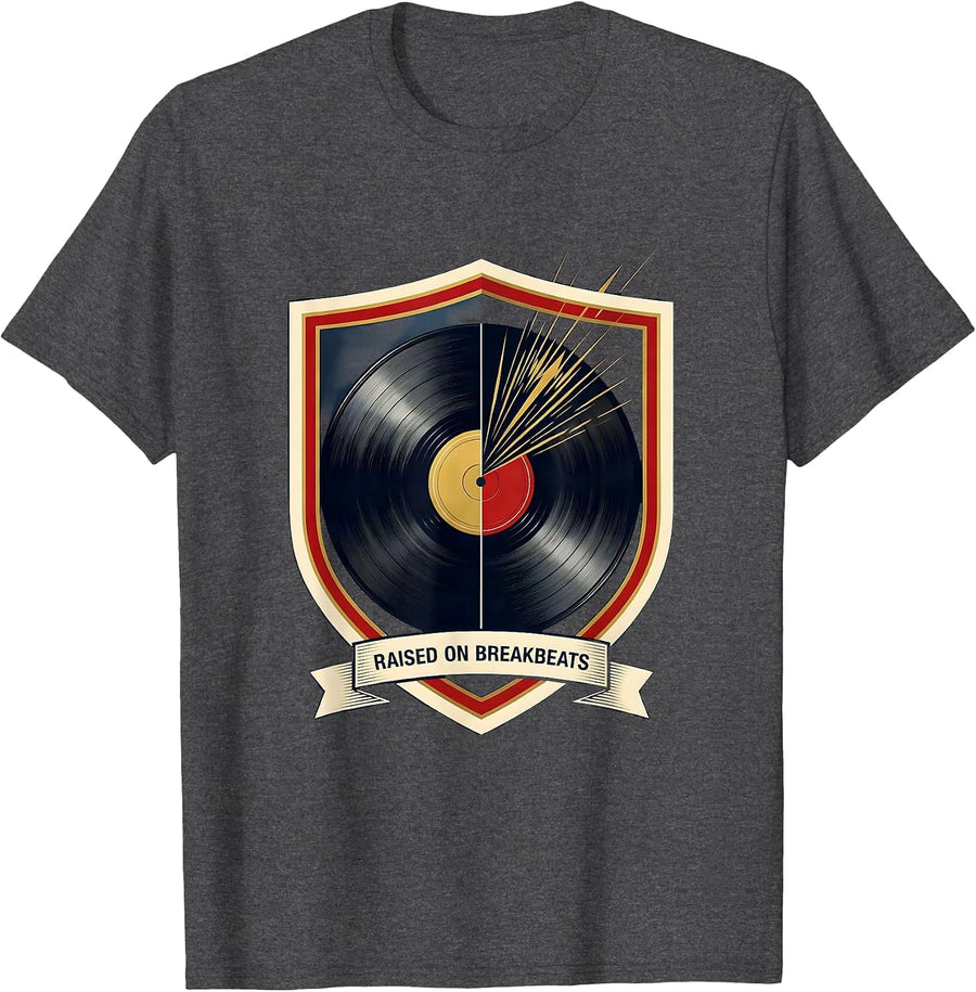 Men's Raised On Breakbeats Vintage Retro 90s Hip-Hop Music Fan T-Shirt - Dark Heather Grey