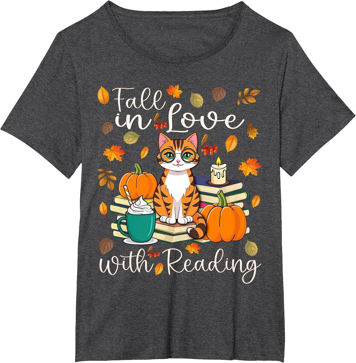 Cat Fall in Love with Reading Book Lover Autumn T-Shirt - Dark Heather Grey