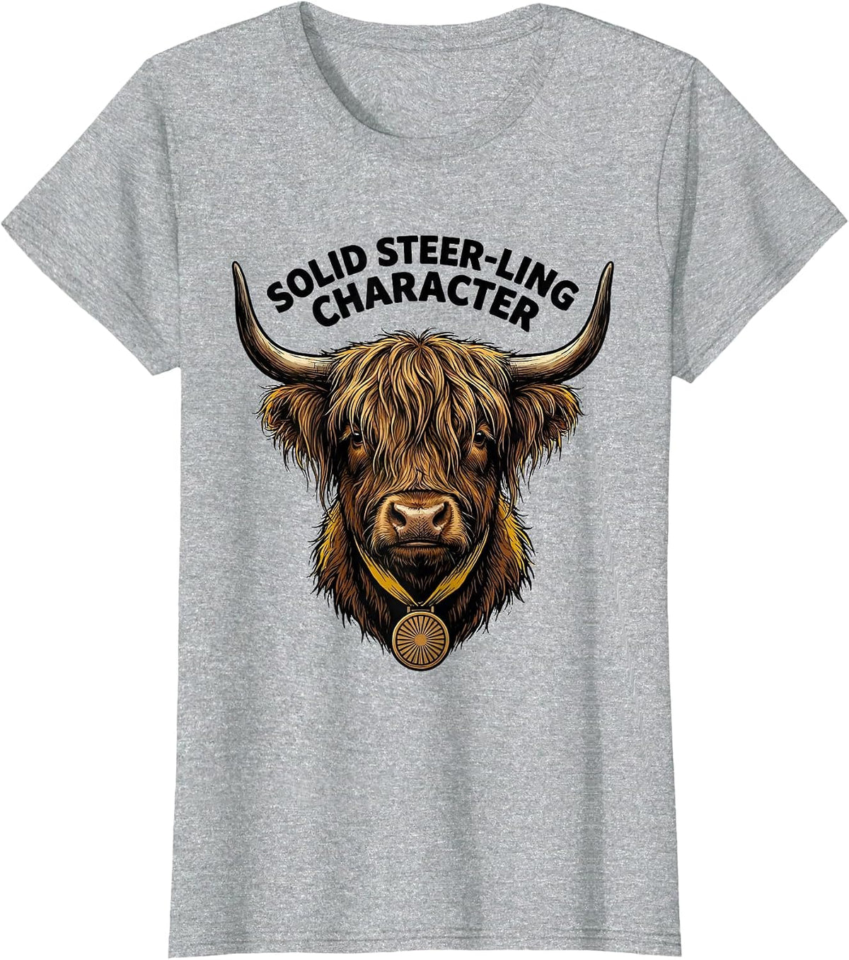 Women's Solid Steer-ling Character Funny Highland Cow Animal Lover T-Shirt - Heather Grey
