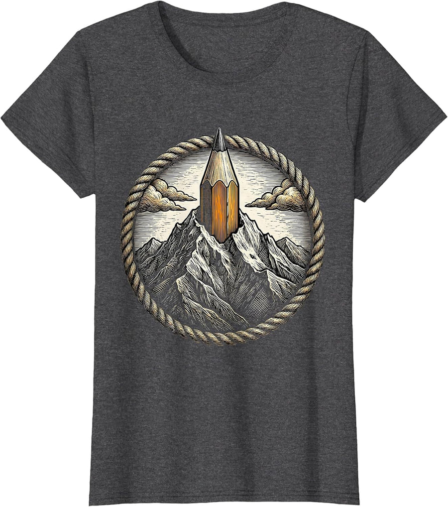 Women's Mountain Peak Pencil Summit Creative Art Design T-Shirt - Dark Heather Grey