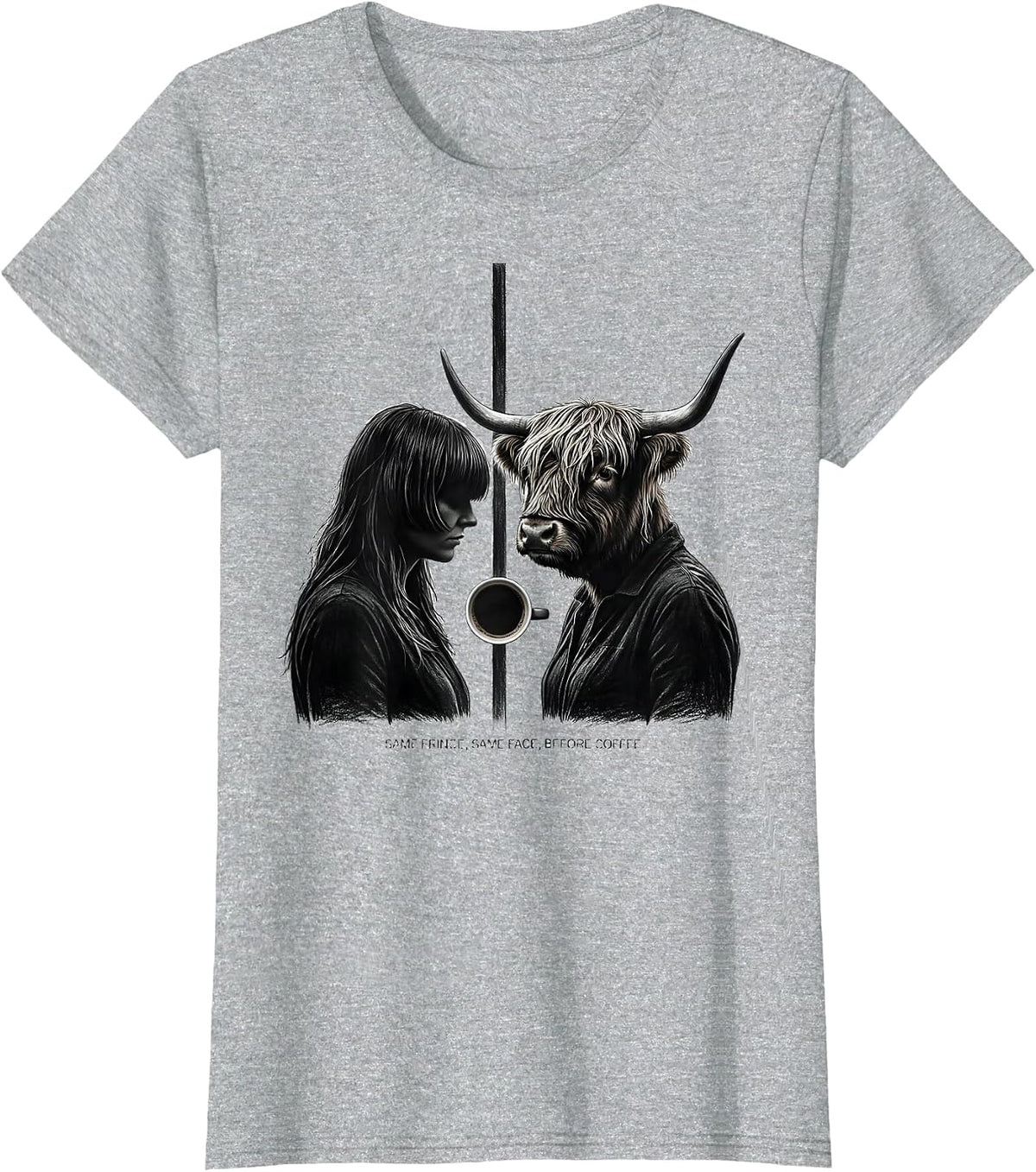 Women's Same Fringe Same Face Before Coffee Funny Highland Cow T-Shirt - Heather Grey