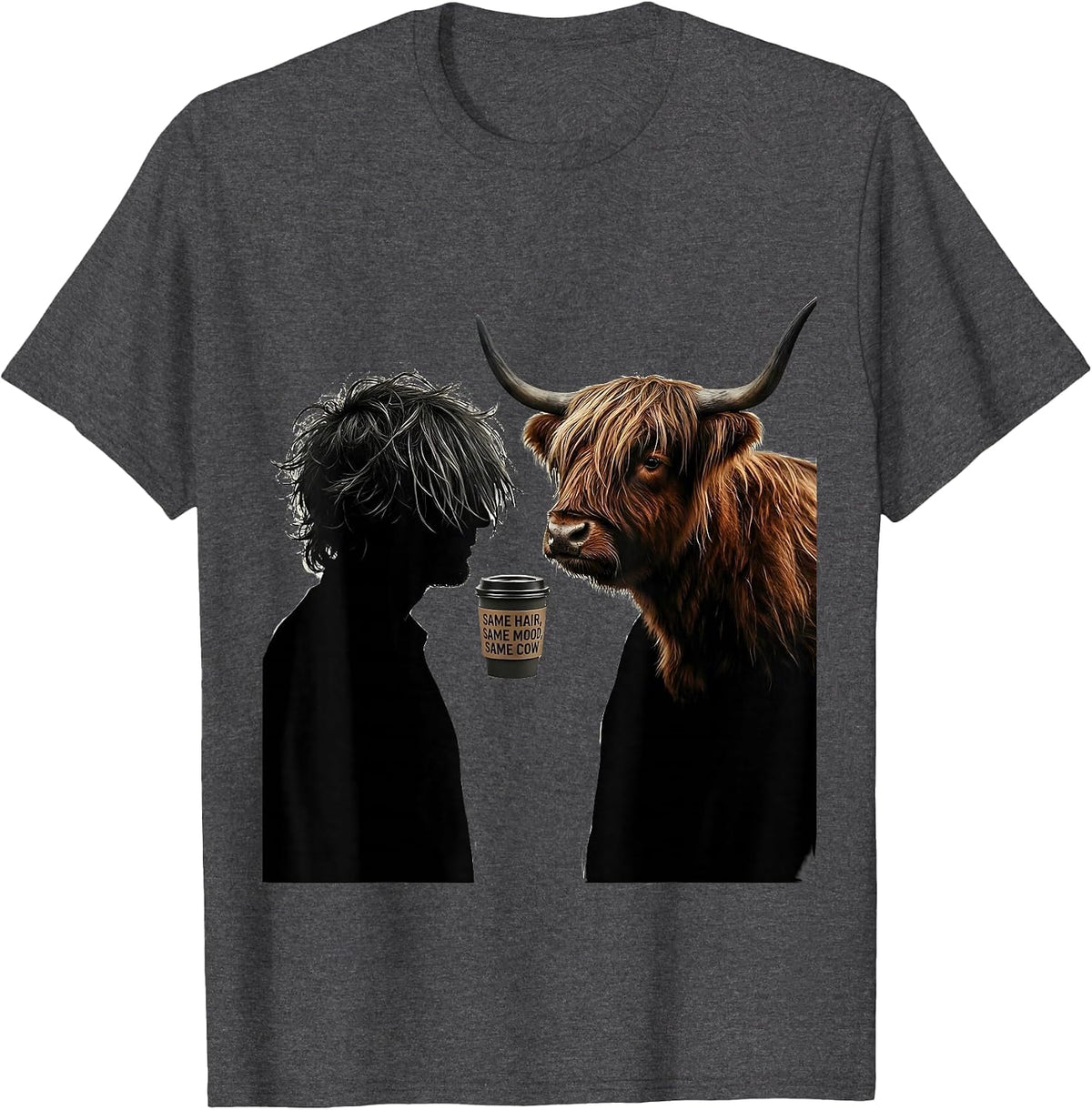 Same Hair, Same Mood, Same Cow Funny Highland Cow Coffee T-Shirt - Dark Heather Grey