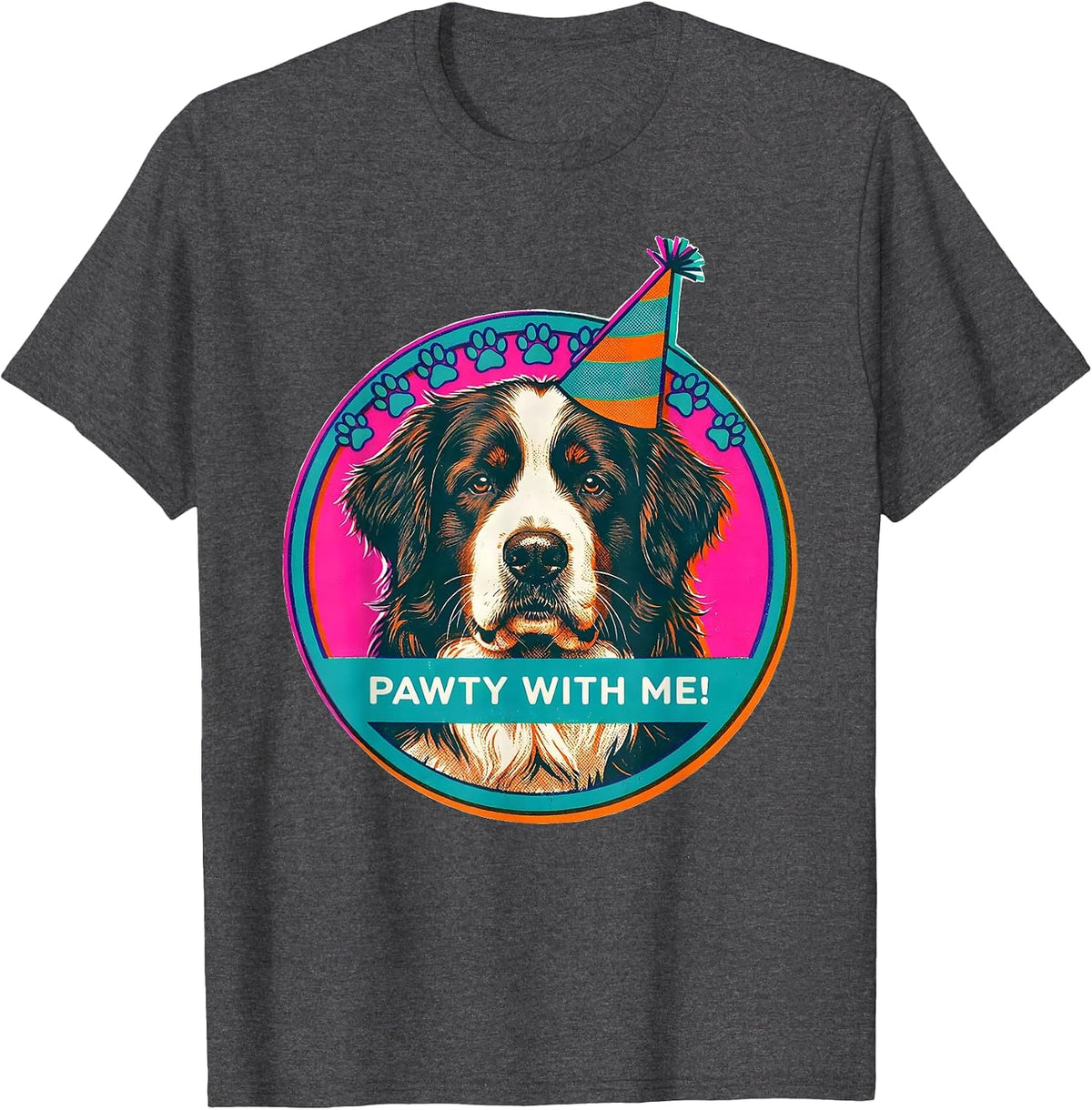 Pawty With Me Risograph Newfoundland Dog Birthday Party Kids T-Shirt - Dark Heather Grey